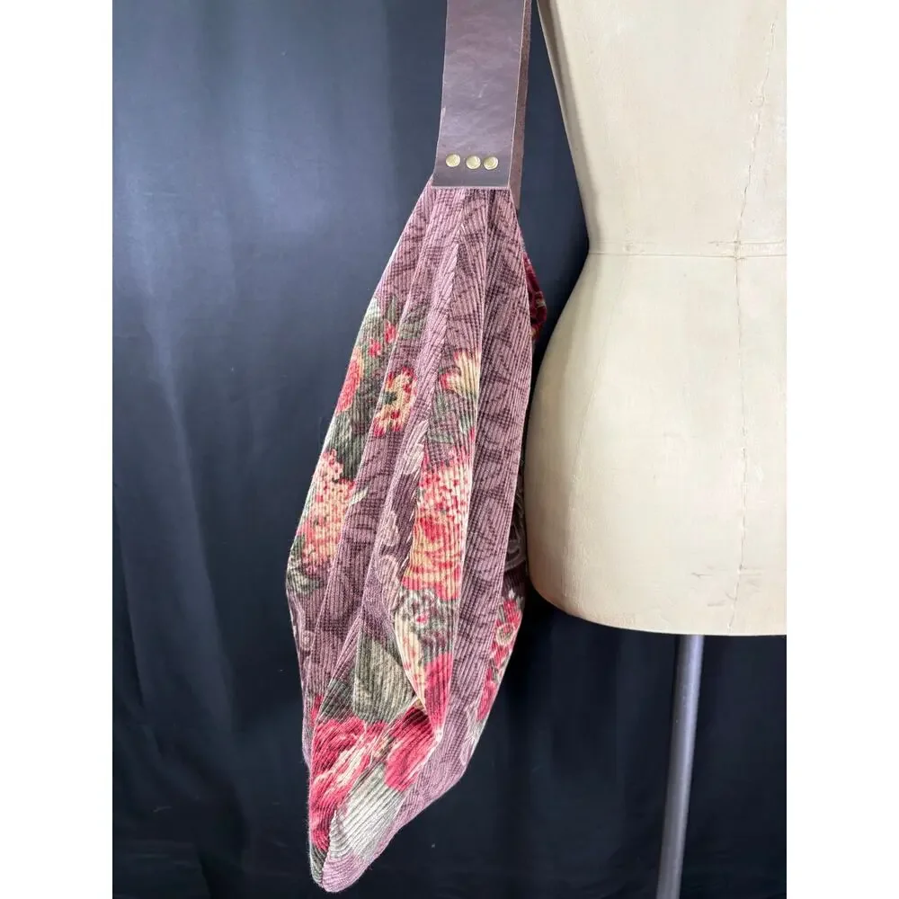Handcrafted Large Hobo Bag Created with Vintage Fabric Corduroy Tapestry Print
